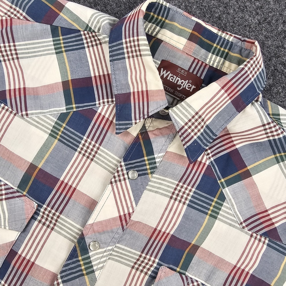 Vintage Wrangler Western Shirt 16-16.5 L Plaid Pearl Snap‎ Short Sleeve Cowboy